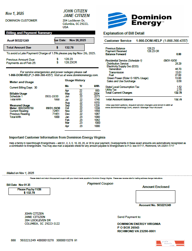 USA Dominion Energy utility bill template in Word and PDF formats, version 2